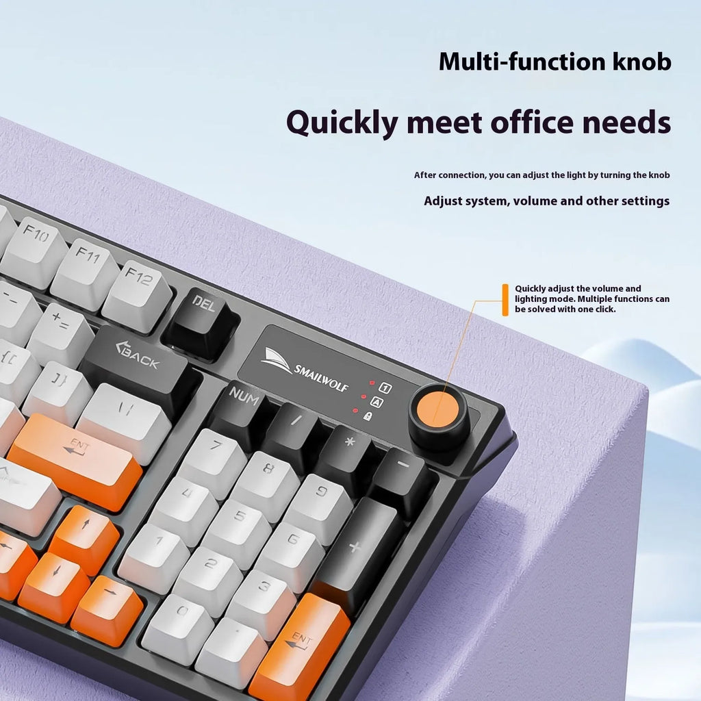 SK15 wired mechanical keyboard with central control knob in black, orange, or blue colour options