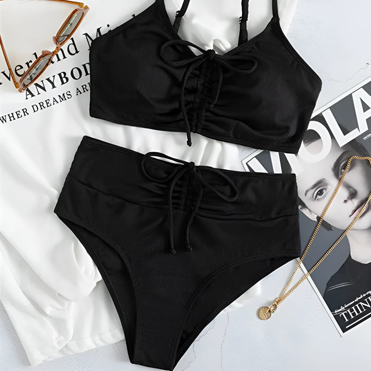 Black women's high waist bikini swimsuit with sling split design and two-piece construction