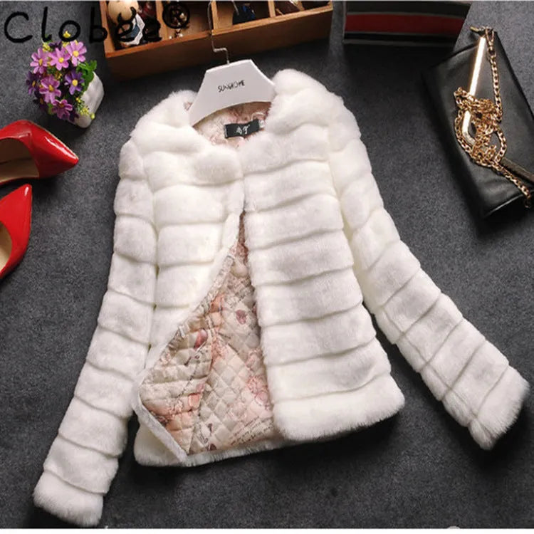 Artificial fur street fashion top in beige colour with regular sleeves and short length