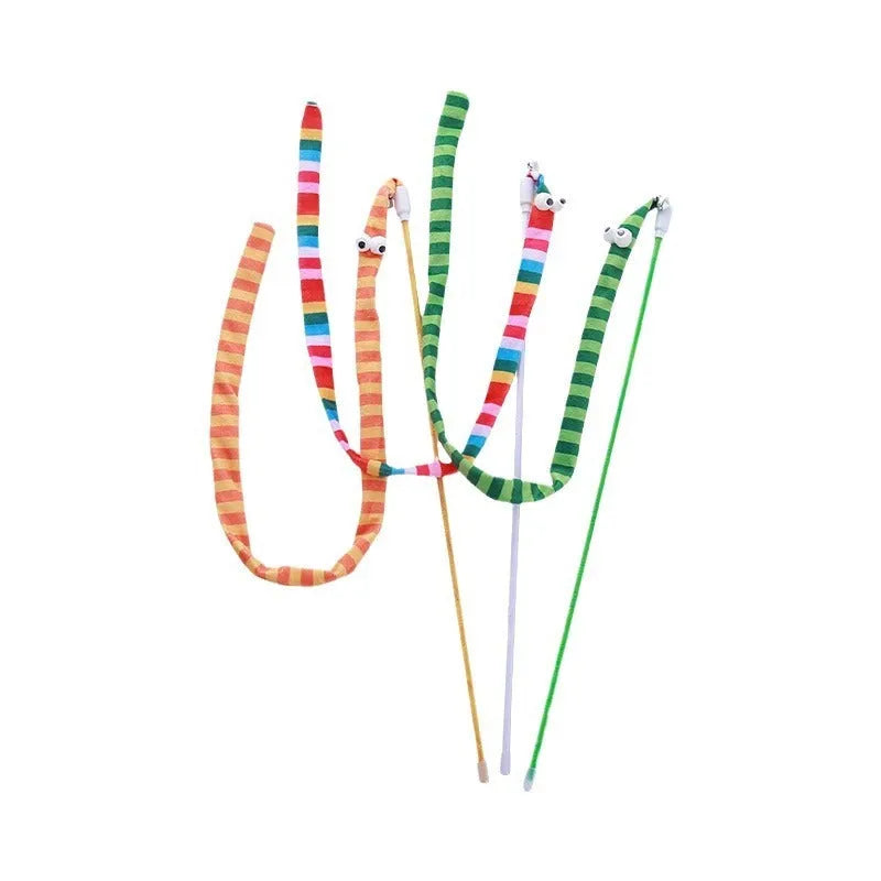 Cat teaser wand toy with a long plush strip and bell on a polycarbonate pole.