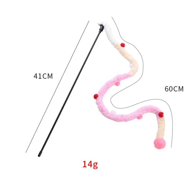 Interactive cat wand toy with colourful plush strip and bell for indoor feline play