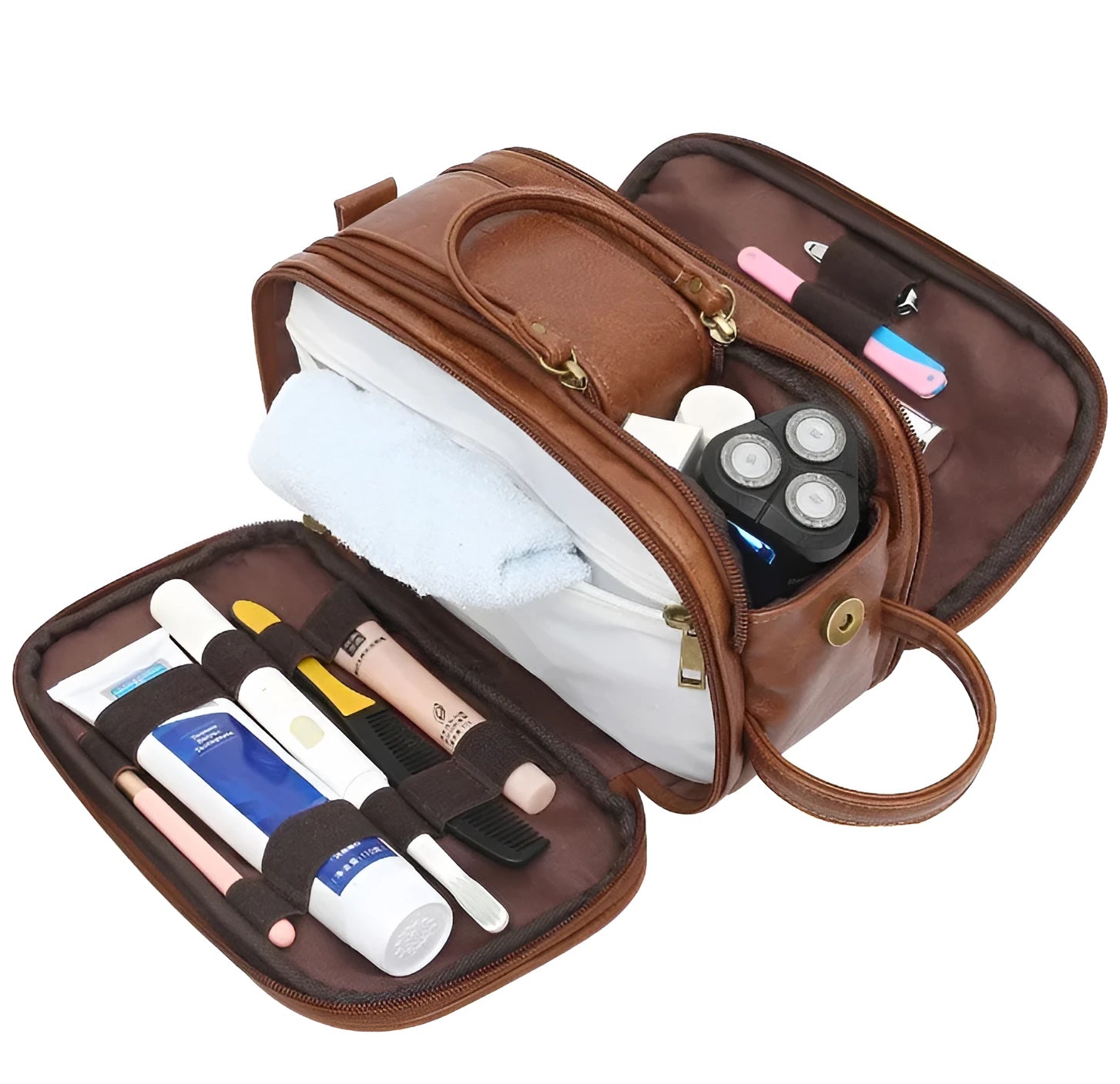 Men's solid colour black PU toiletry bag for travel storage of cosmetics and shaving kits.