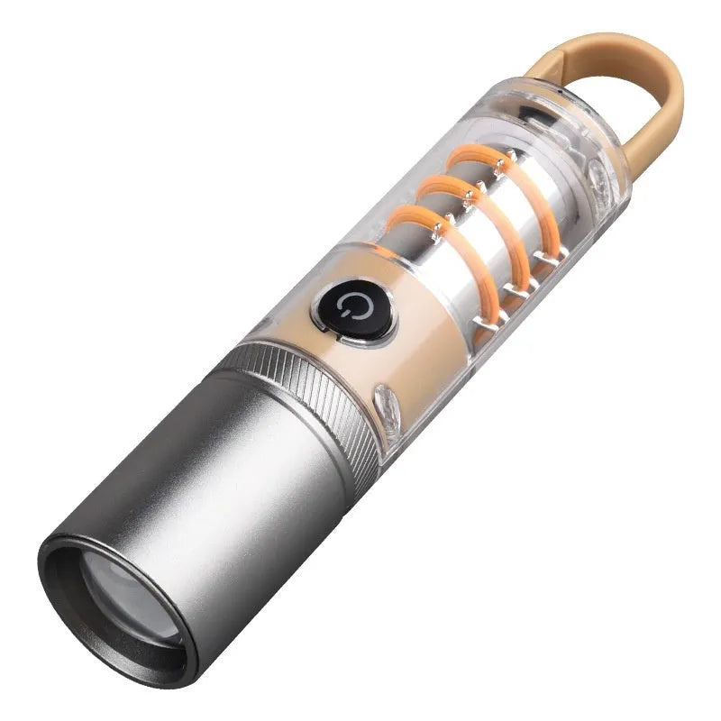 Orange multifunctional 10W flashlight with hook, keychain, and optical zoom on a white background.