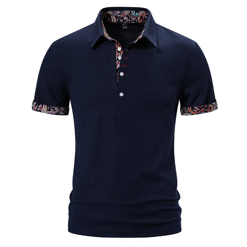 Men's white cotton blend polo shirt with colour stitching and short sleeves on a hanger.