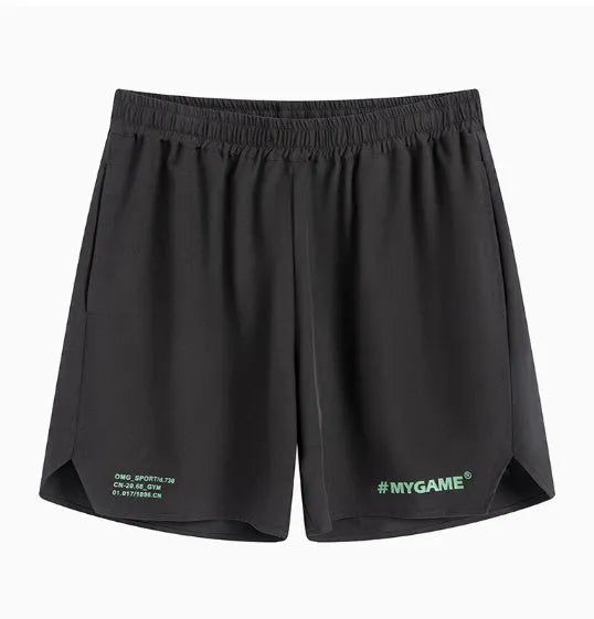 Men's blue training shorts with moisture-wicking fabric on a grey background.