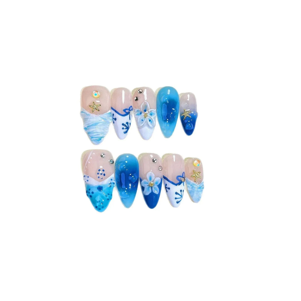 Blue hand-painted carved summer ice transparent plastic fake nails in four sizes