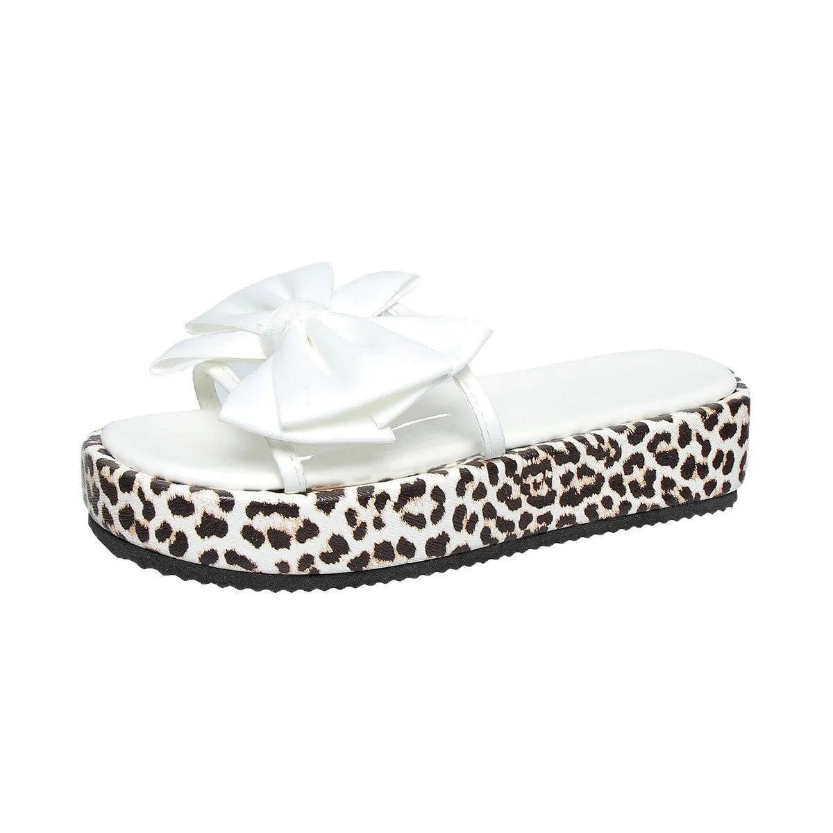 Women's white and black leopard print beach slippers with thick sole and round toe.