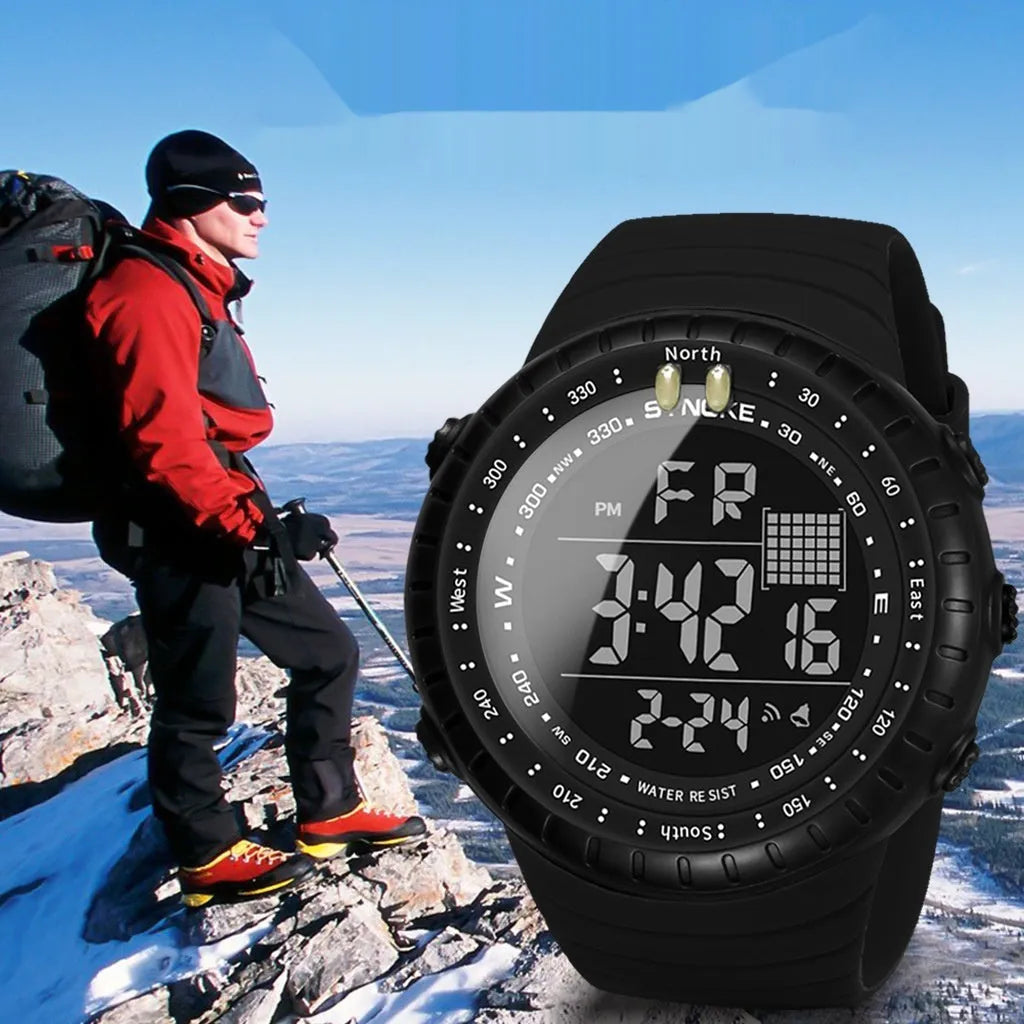 Men's black waterproof outdoor electronic watch with 50 metre water resistance and PU strap