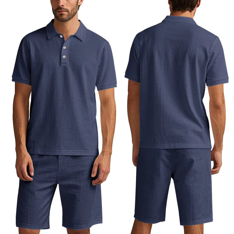 Men's linen blend shorts suit in apricot colour with short sleeves and casual fit