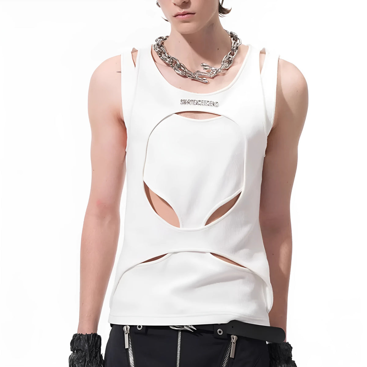 Men's black sleeveless waistcoat vest with hollow knit fabric and round neck collar