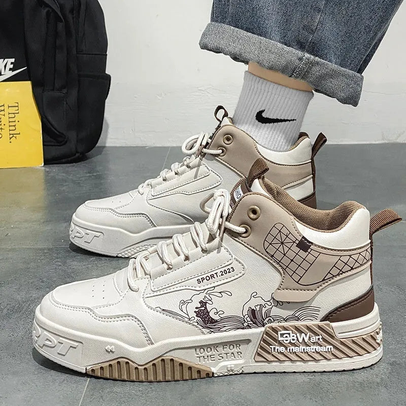 Men's beige, white, and blue high-top board shoes with flat rubber soles and lace-up front
