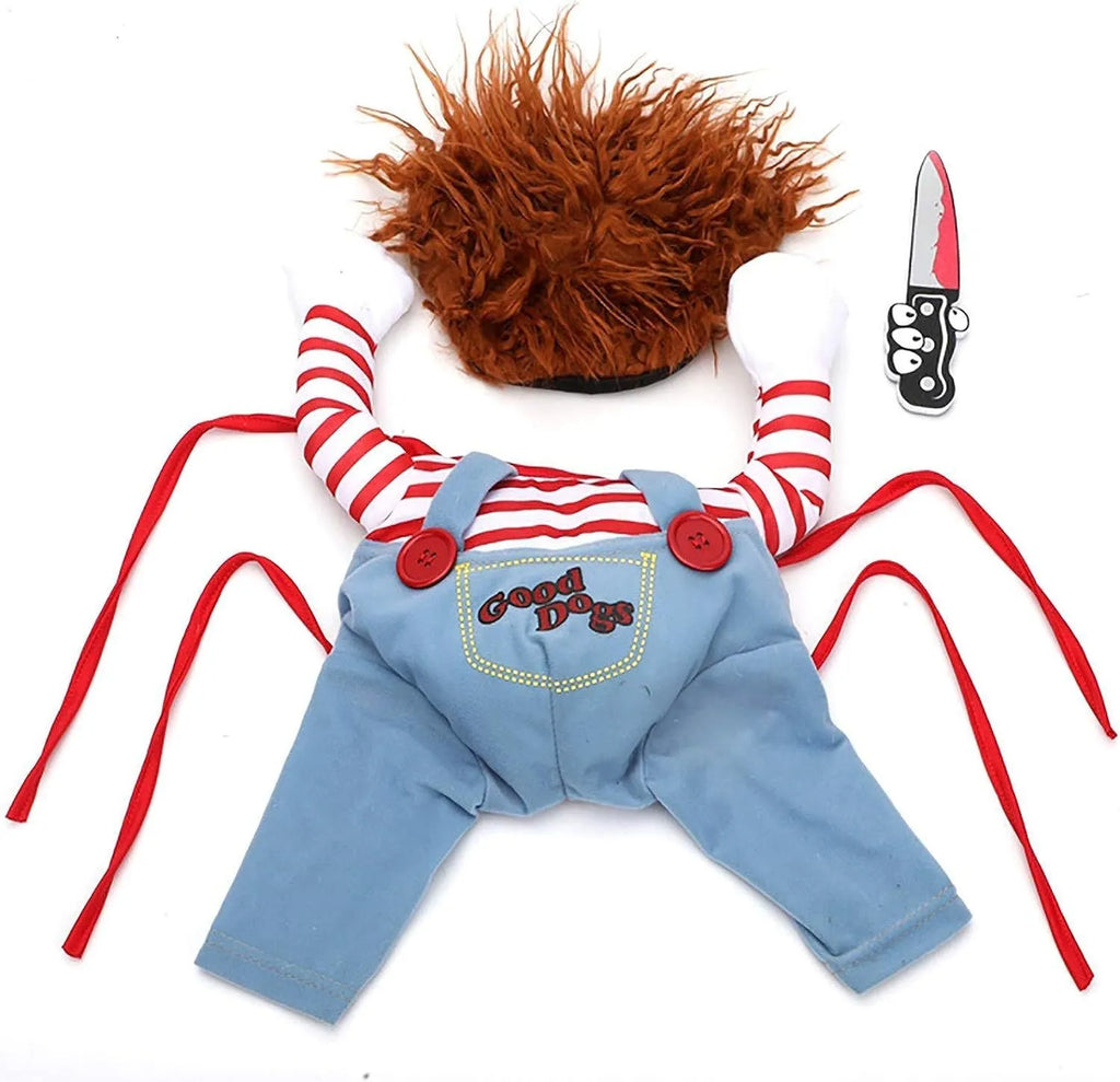 Striped harness pants Halloween costume for pets with knife accessory, 3-piece set in sizes S to XL