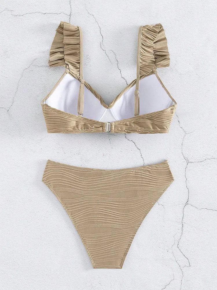 Women's solid colour bikini swimsuit in black laid flat, showing top and bottom pieces.