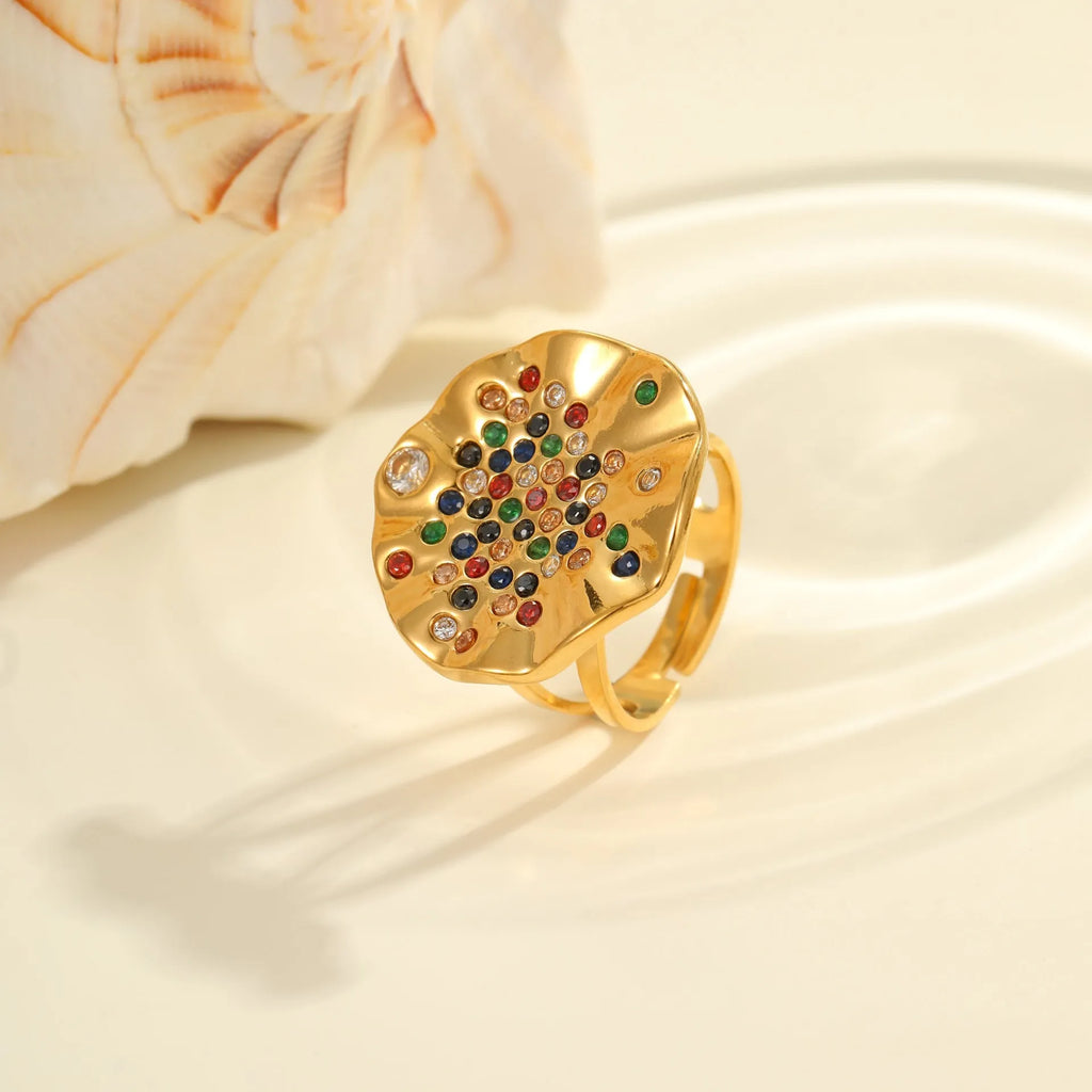 Geometric pleated titanium steel ring with colour diamond inlays and open mouth adjustable design