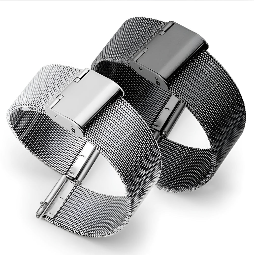 Milani silk woven stainless steel watch band showing multiple width sizes and colour options