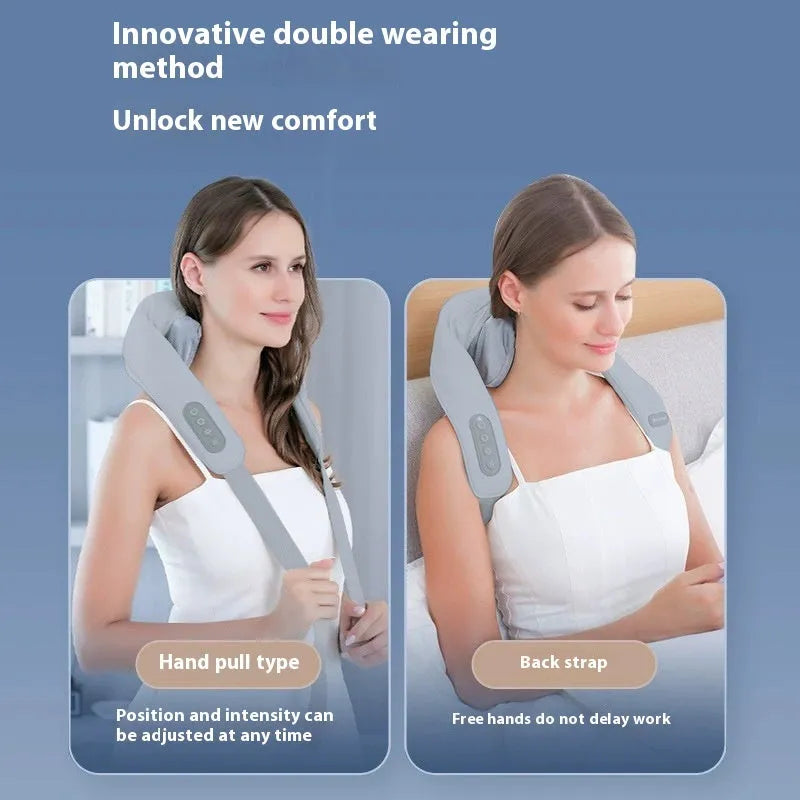 Gray portable USB rechargeable neck and back massager with elastic fabric construction.