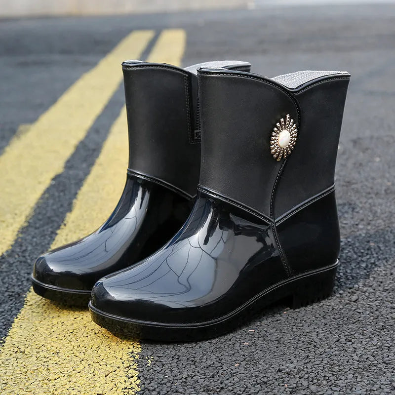 Women's middle tube PVC rain boots in purple, black or beige with non-slip soles