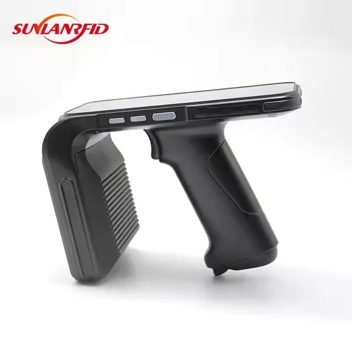 SLP-05 handheld Android UHF RFID reader and scanner unit on a warehouse shelf.