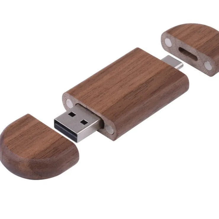 Red wooden USB flash drive with phone U-disk function in a maple gift box, showing custom engraving.
