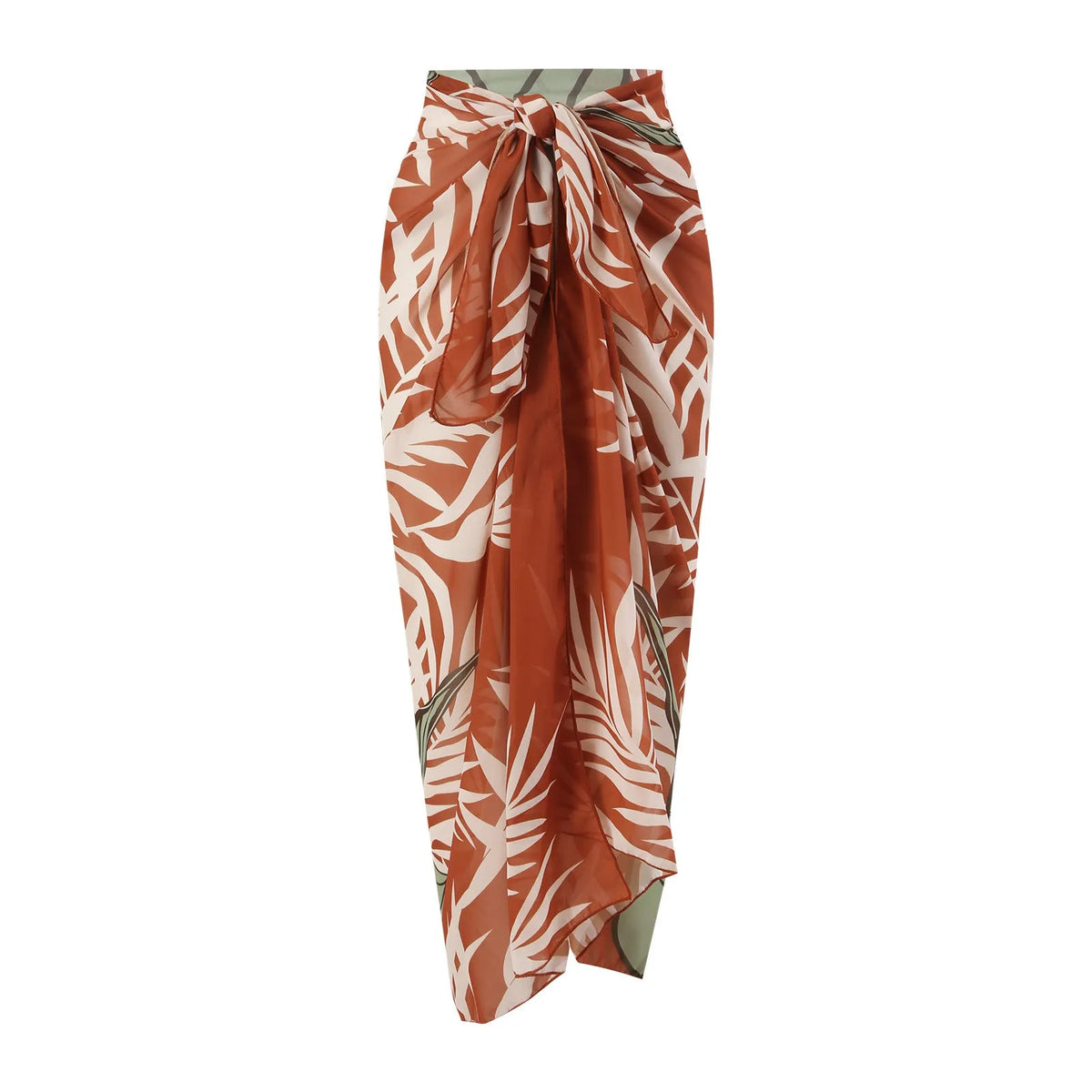 Women's brown push up bikini with high waist briefs and matching chiffon dress cover-up laid flat.