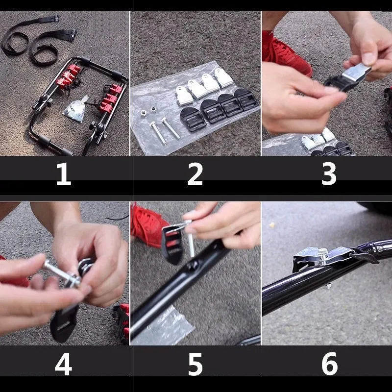 Black and red trunk mounted bike rack with protective sponge layer on car boot