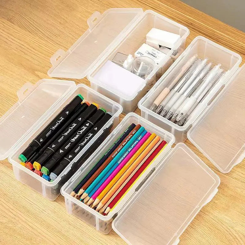 Transparent plastic stationery storage box for pencils, crayons, and art supplies