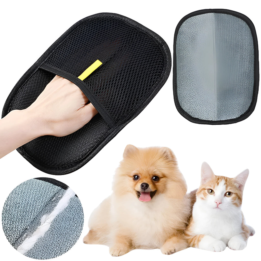 Black pet deshedding glove with silicone bristles for grooming dogs, cats, and rabbits.