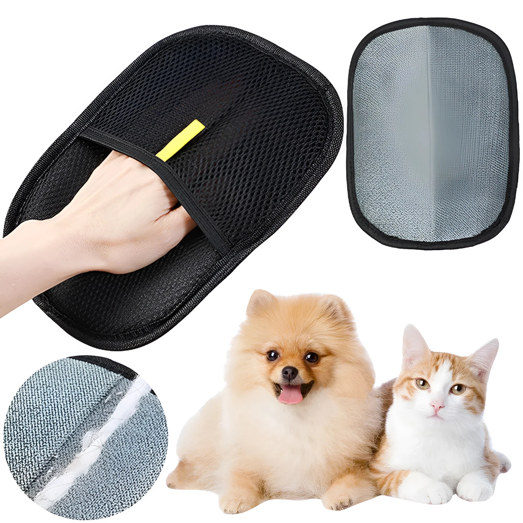 Black pet deshedding glove with silicone bristles for grooming dogs, cats, and rabbits.
