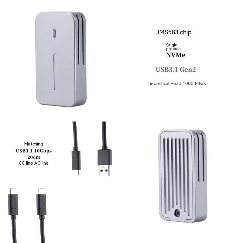 Aluminium alloy NVMe SSD enclosure with dual protocol support measuring 5.2cm by 2.8cm