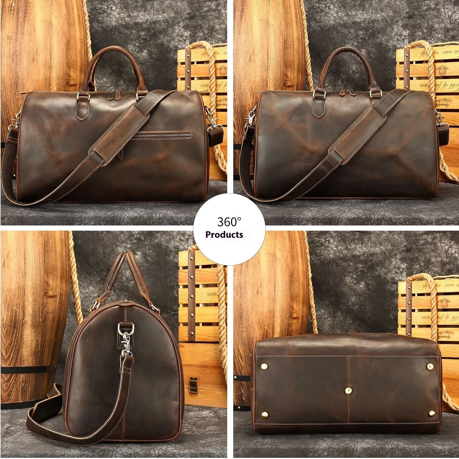 Large vintage brown leather crossbody bag for men with shoulder strap.