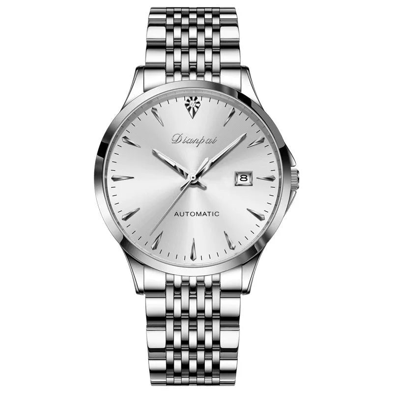 Men's simple dial automatic watch with stainless steel bracelet on a wrist.