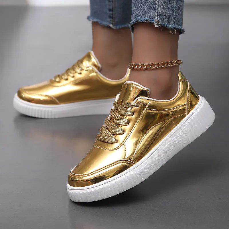 Thick-soled sequin platform sneakers in metallic gold colour with round toe