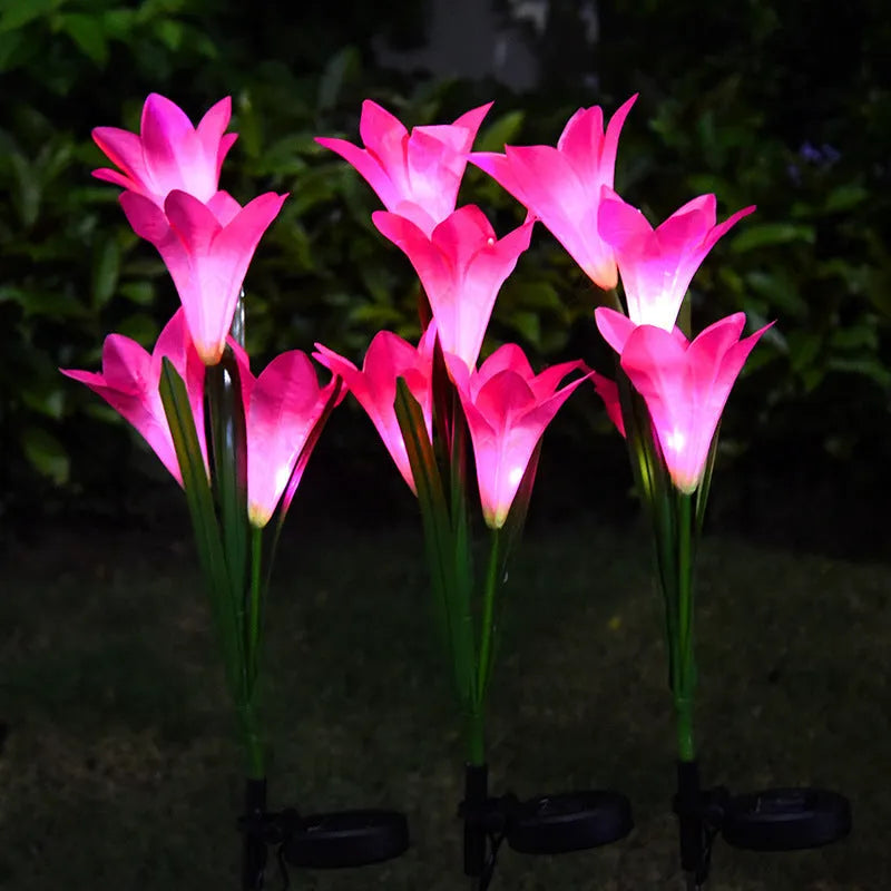 Solar-powered flower-shaped garden lantern with IP65 waterproof rating for outdoor use.
