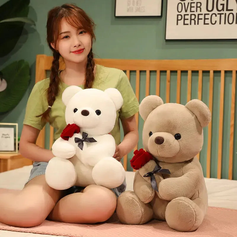 Rose print teddy bear plush doll in beige, brown, or grey, shown in various sizes.