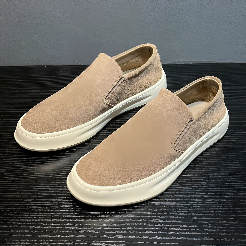 Men's grey and apricot casual shoes with PU upper, round toe and mid-heel