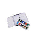 Empty tinplate watercolour paint box shown in three different folding sizes for artist pigments.