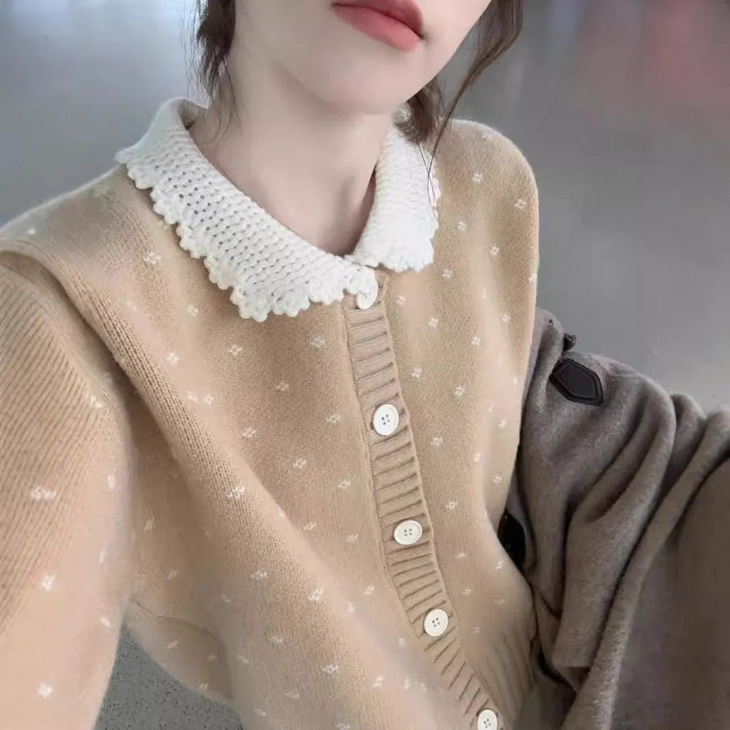 Retro Peter Pan collar floral knit cardigan coat in grey, apricot, or navy blue.