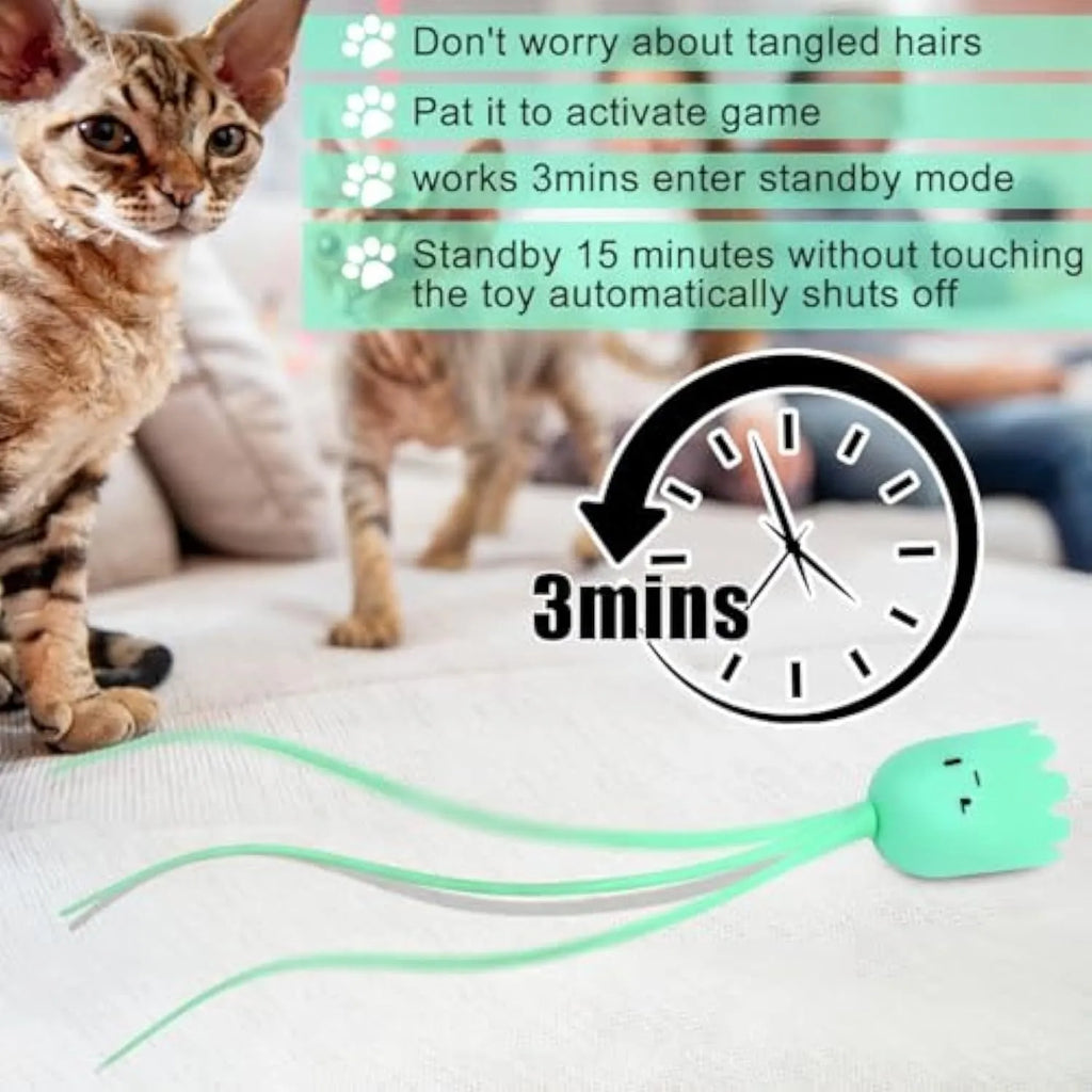 Electronic cat wand toy with multiple swinging silicone tails in green colour