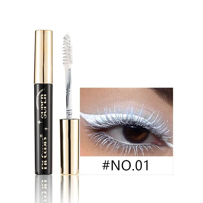 Colourful waterproof mascara tube displaying vibrant shades like wine red, gold, and mermaid green for stage and event makeup.