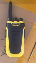 Red and yellow portable intercom with USB charging port and compact design for hotel and restaurant communication