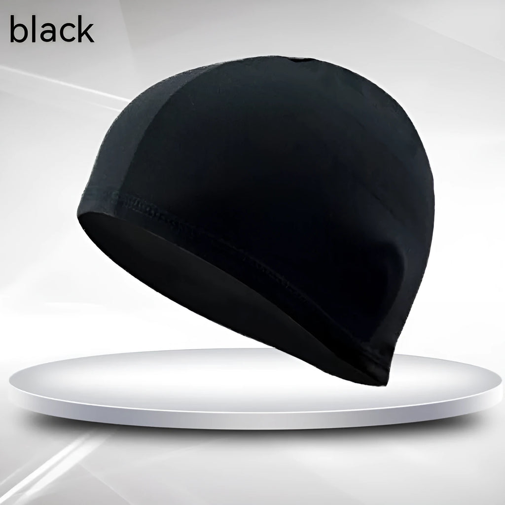 Black single line unisex polyester swim cap for adult swimming and pool training
