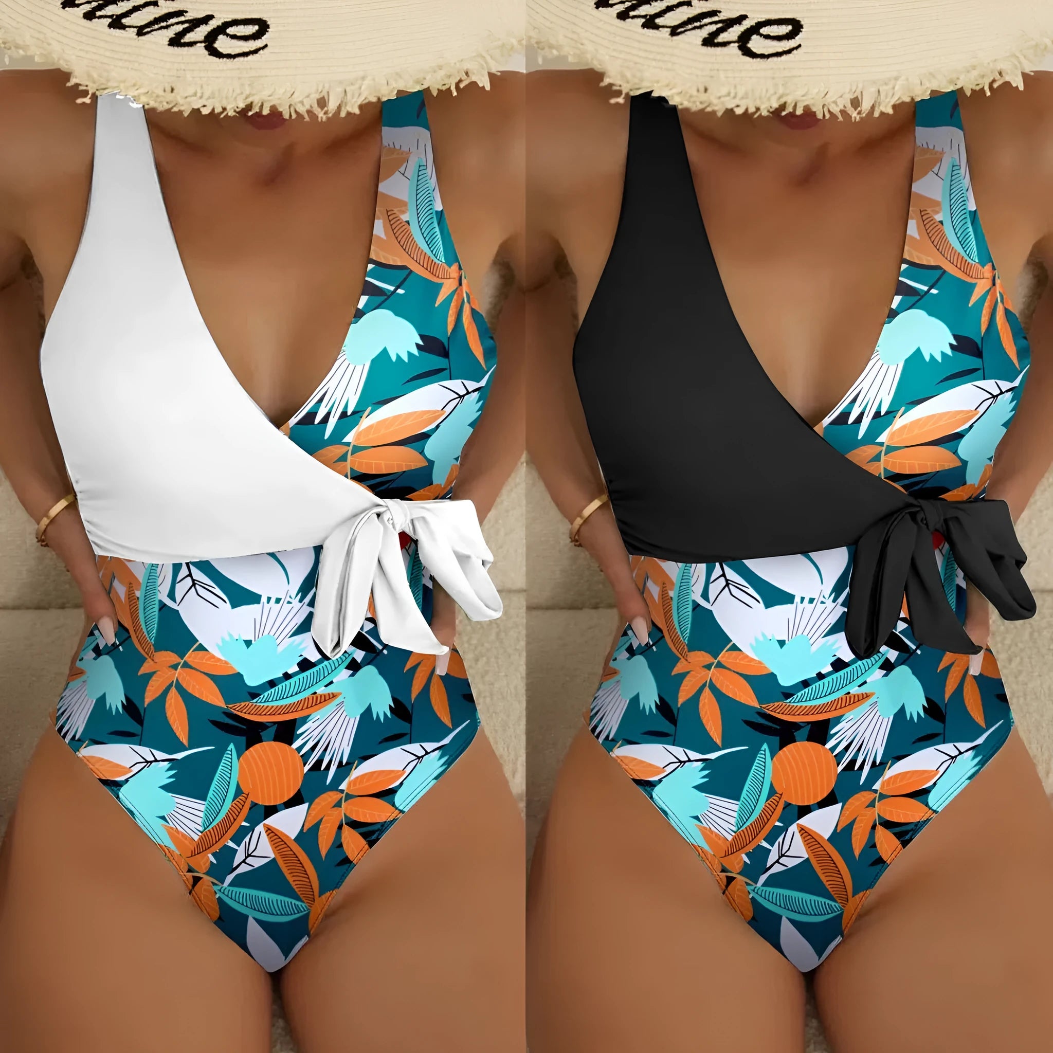 Women's high waist one-piece bikini with printed pattern in polyester and nylon swimwear fabric