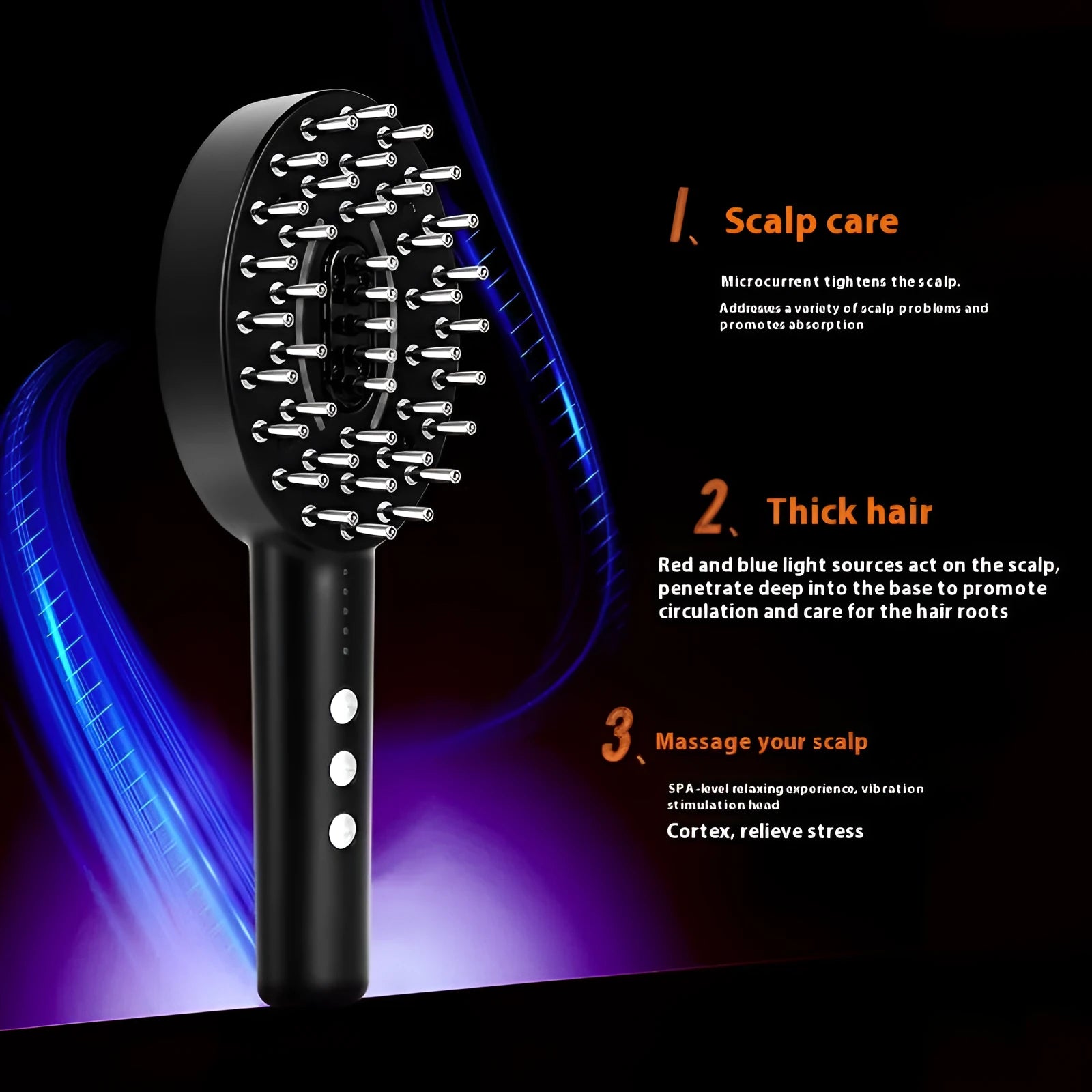 KD3802 Black scalp massage device with host unit and charging cable on a white background