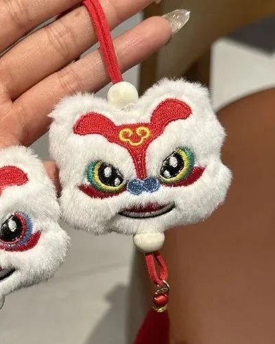 Chinese style blue plush lion keychain ornament with star stone decorations and tassel