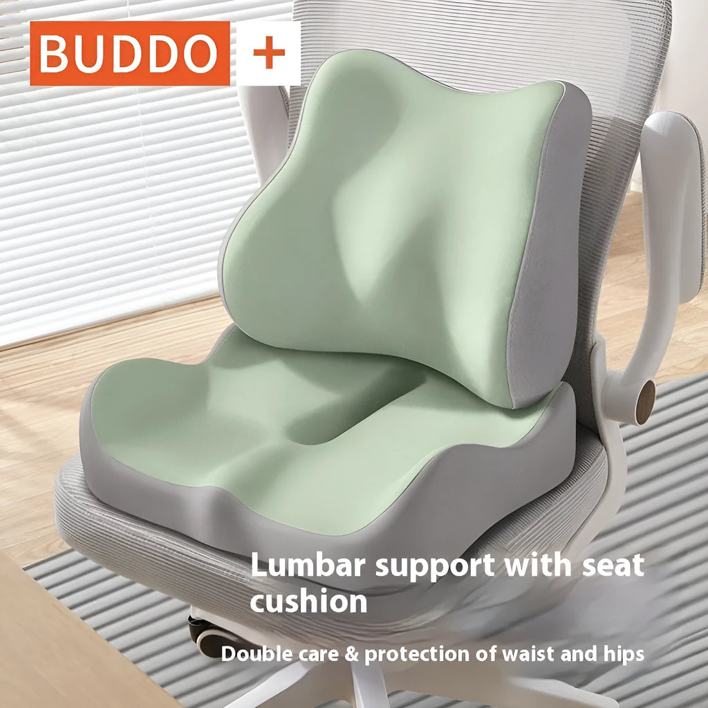 Memory foam seat cushion with waist rest support in blue and grey colour combination