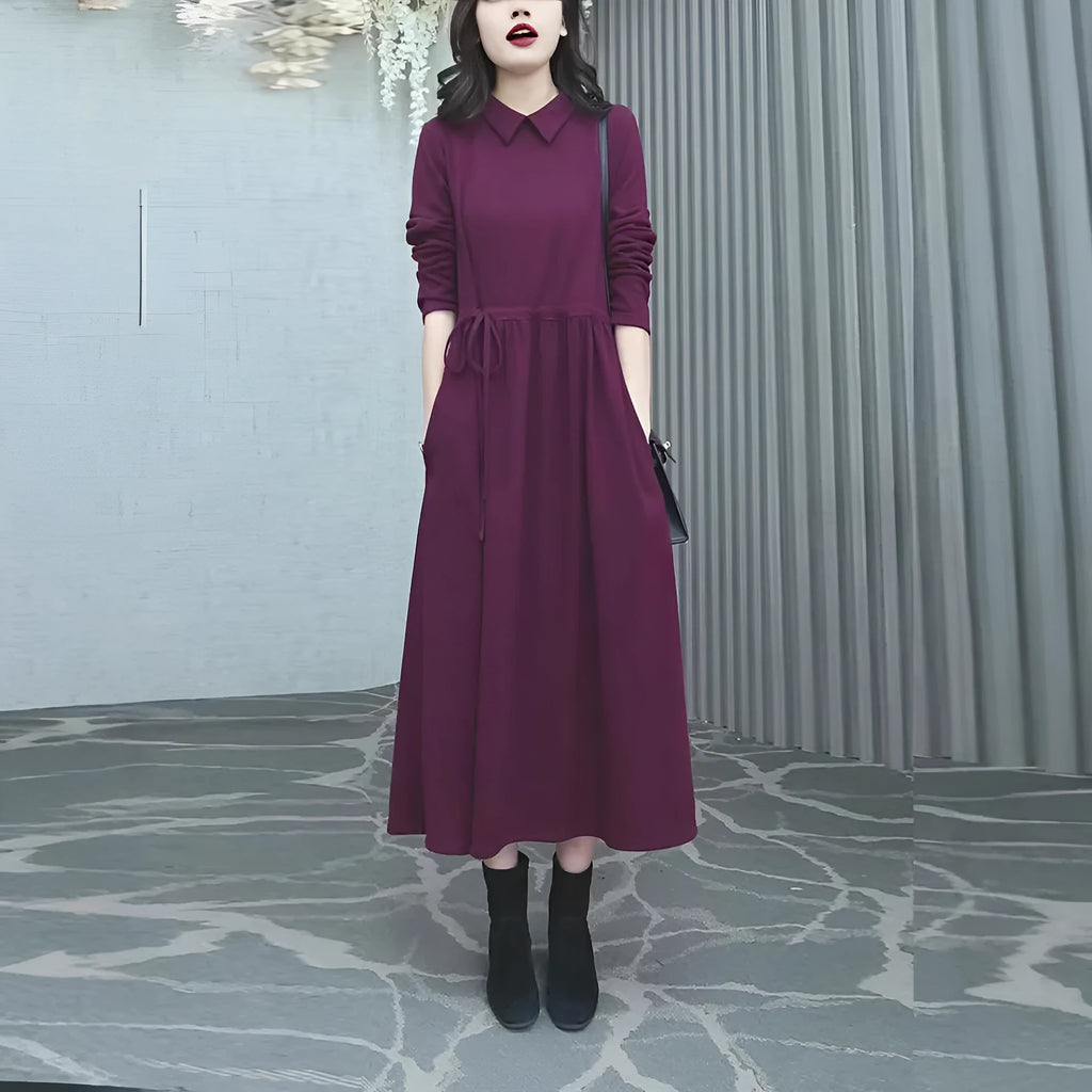 Purplish red women's plus size dress with extra long sleeves and urban style design