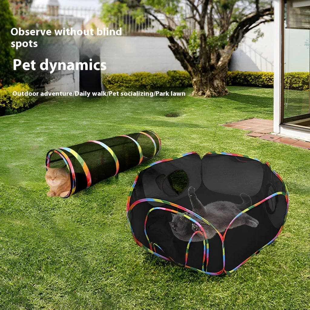 Foldable mesh cat cage showing multiple shape configurations