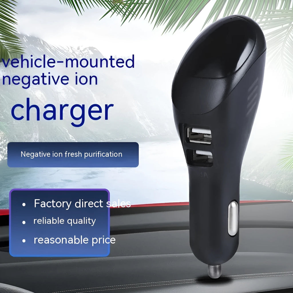 White car USB charger with integrated negative ion air purifier for vehicle cigarette lighter sockets