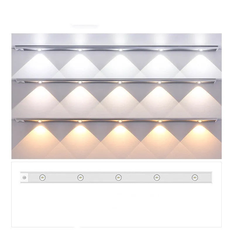 Rechargeable hill corrugated LED light strip in black or silver with magnetic mount on a wall.