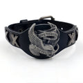 Black geometric leather bracelet with alloy eagle clasp showing width variation